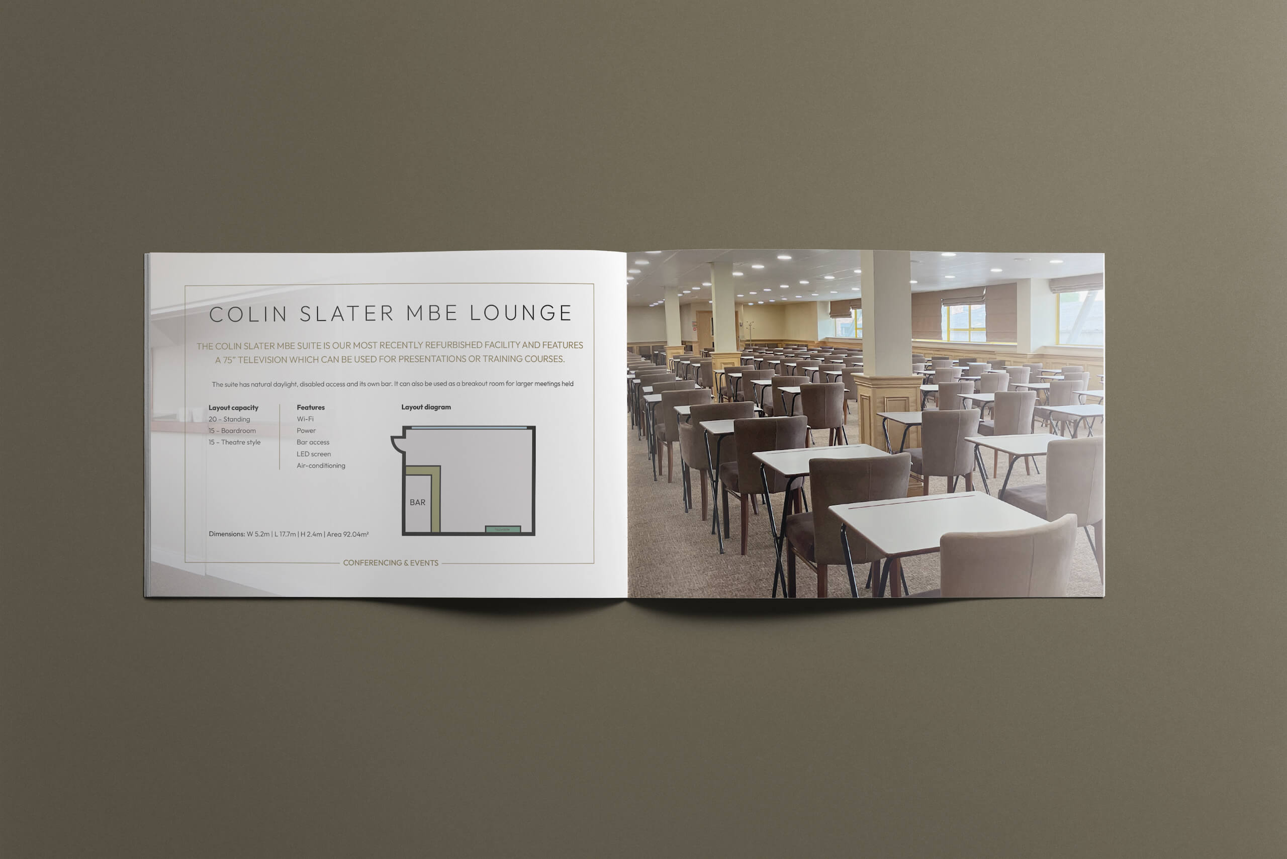 A brochure showcasing a professionally arranged room for events and conferencing, adorned with elegant tables and chairs.