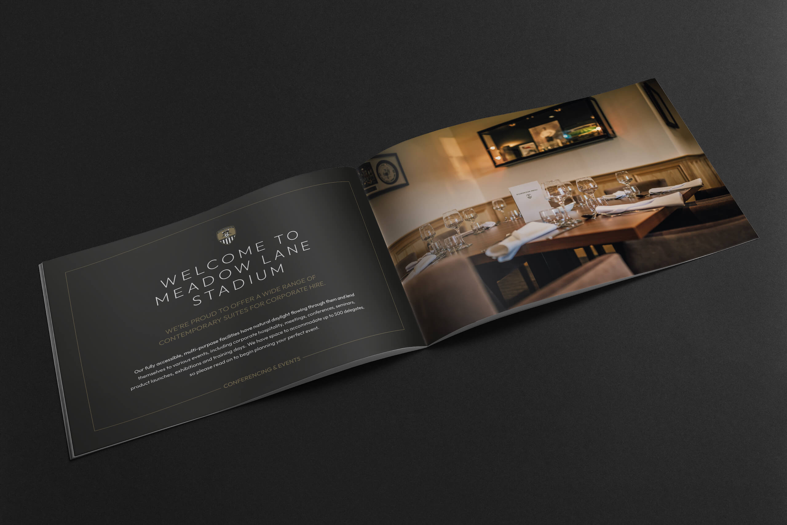 A black and white brochure showcasing the Conferencing & Events services offered by Notts County FC.
